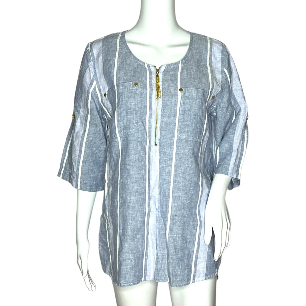 Ellen Tracy Women's Linen Top Blouse Blue White Striped Gold Tassel Zipper
